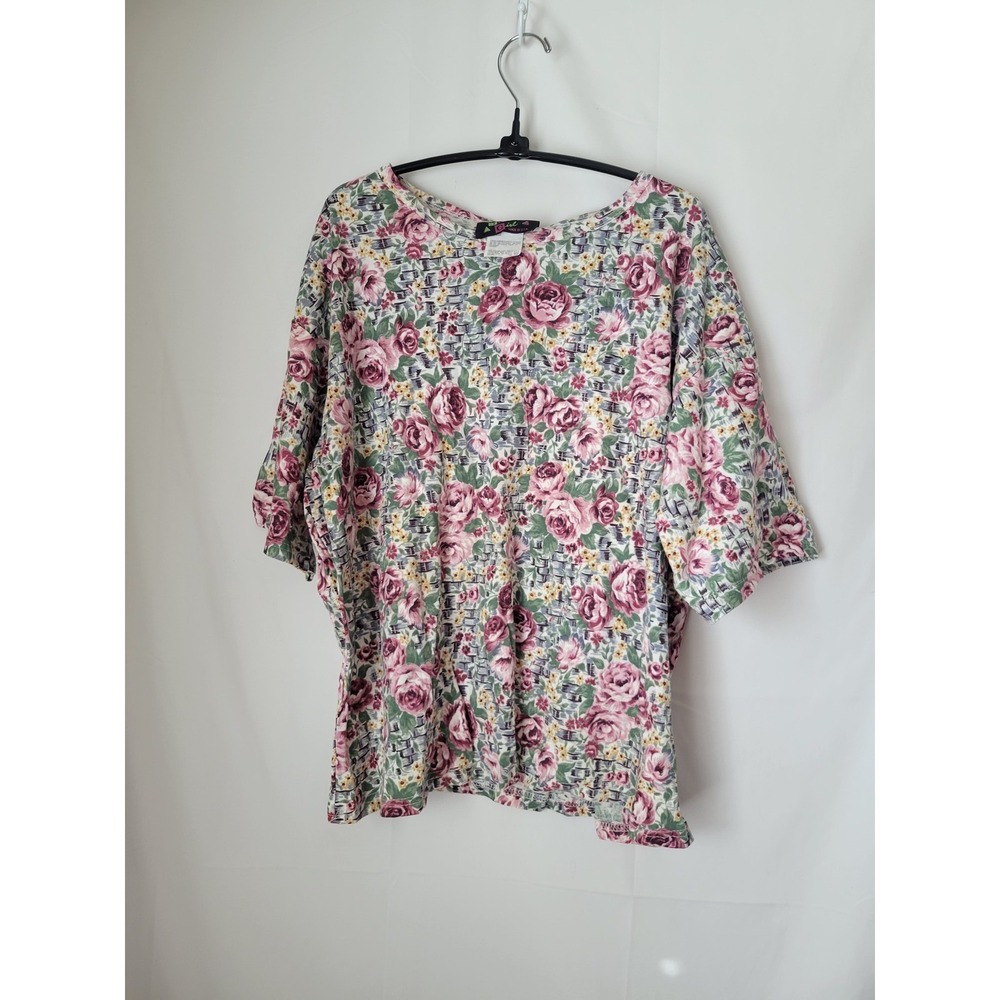 Julie Girl Vintage Women's L Large Floral Rose Print Oversized T-Shirt Top L